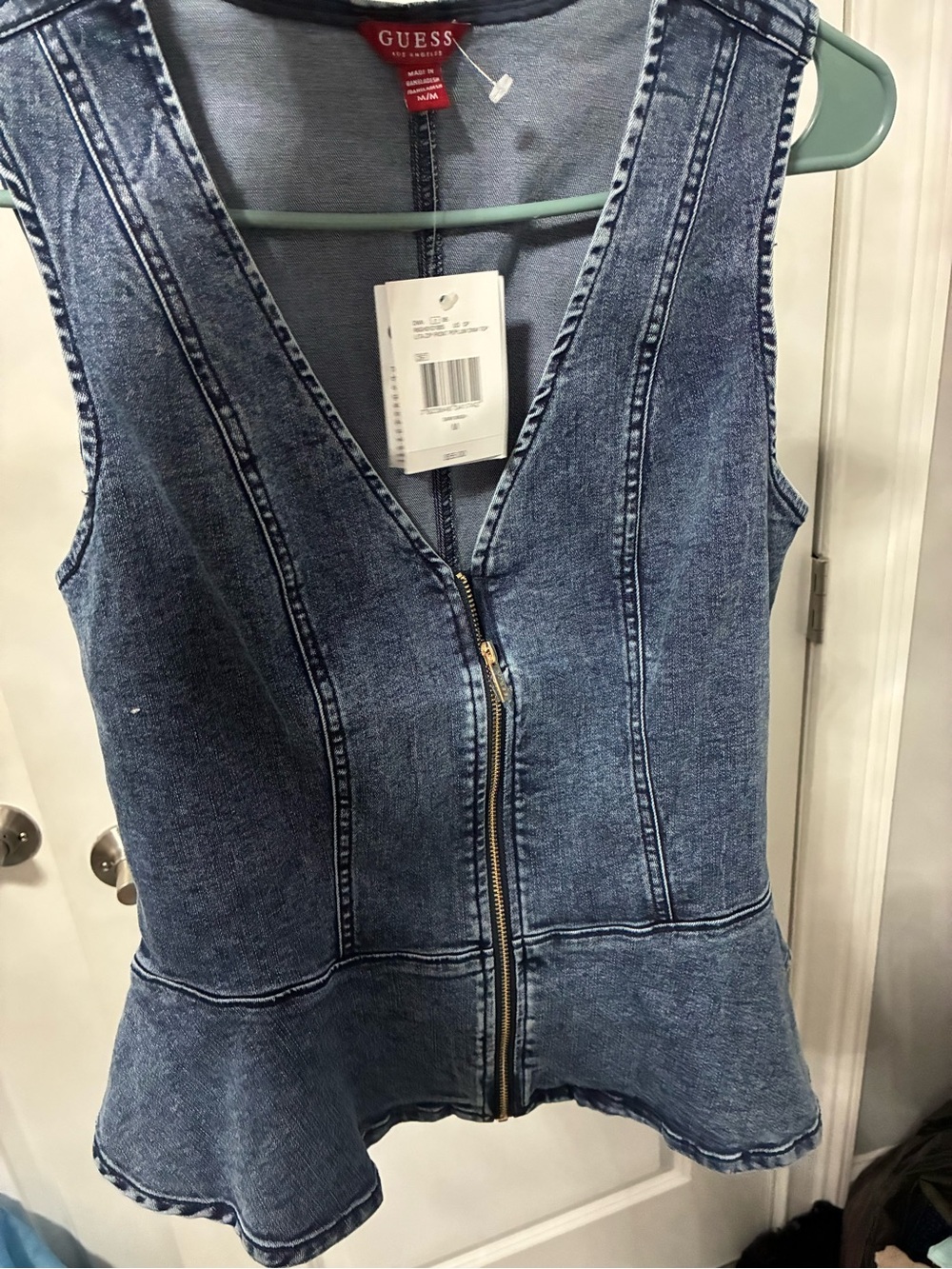 GUESS Blue Denim Zip-Front Peplum Vest